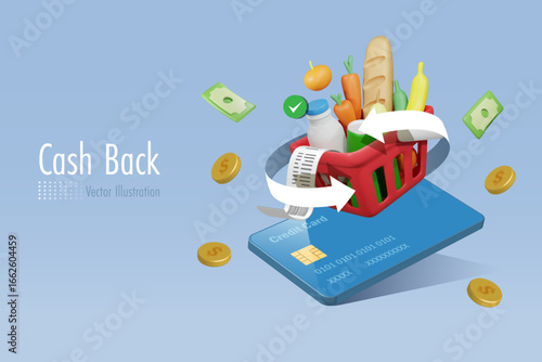 Credit card with cashback arrow on grocery shopping basket. Money return, reward for online shopping, financial marketing and promotion for credit card. 3D vector.