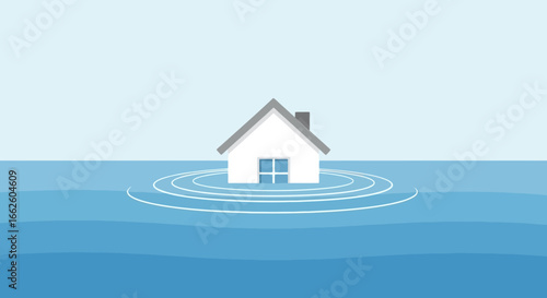 Cartoon Illustration of a House Surrounded by Rising Flood Water, Symbolizing the Impacts of Climate Change and the Need for Flood Disaster Relief