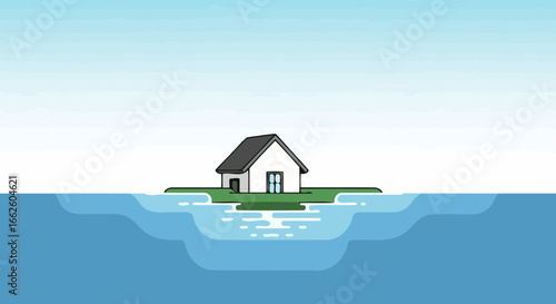 Illustration of a House on an Island Surrounded by Water, Representing Flood Risk and Environmental Challenges, Suitable for Insurance or Awareness Campaigns