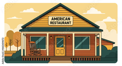 Charming American Restaurant Illustration Showcasing Cozy Atmosphere and Traditional Design, Suitable for Menu Designs, Website Graphics, and Local Business Marketing