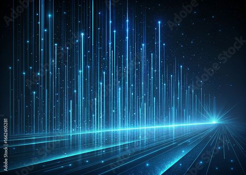 Abstract blue digital data streams rising from a glowing futuristic cityscape