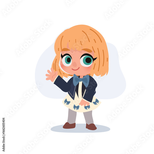 adorable little girl waving hand smiling kid with blonde hair and bow dress cartoon style