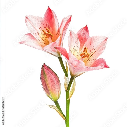 Two delicate, light-pink alstroemeria flowers and buds on a stem, isolated on white
