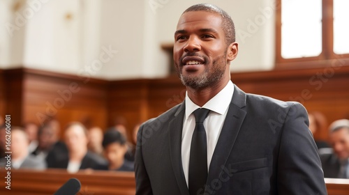Confident Legal Expert Standing in a Courtroom.