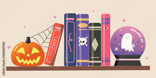 Halloween party decorated with stacks of books and magic style. Happy and Celebration Halloween party.