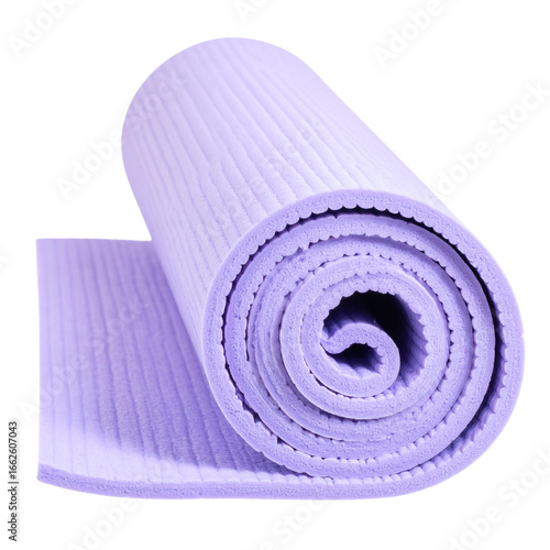 Rolled purple yoga mat for fitness, exercise on transparent background
