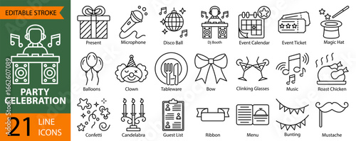party, celebration and anniversary party icon set
collection in outline style. An icon pack contain balloons, ticket, confetti, party, event planning, candelabra, new year, event calendar, festival