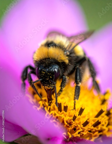Bumblebee pollinating pink flower close-up