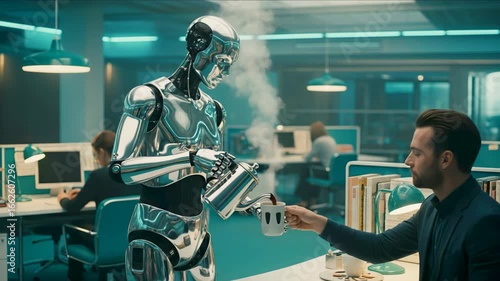 Advanced chrome robot is pouring a hot beverage into a cup held by a businessman in a modern office, showcasing the future of automation and personalized service