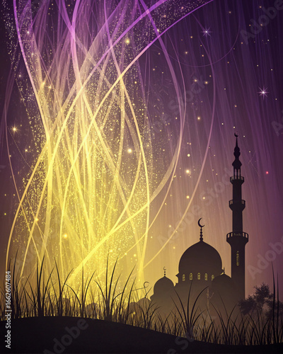 Mystical islamic mosque silhouette under a starry sky with glowing light trails