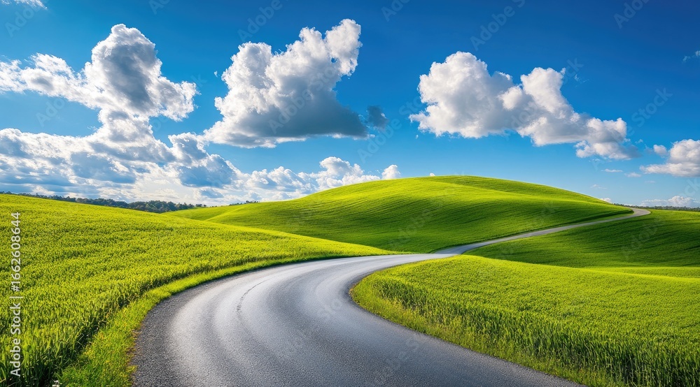 Obraz premium Winding road through vibrant fields under a clear sky