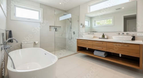 Wallpaper Mural Modern Bathroom Oasis: Freestanding Tub, Glass Shower, and Wood Vanity with Natural Light Torontodigital.ca