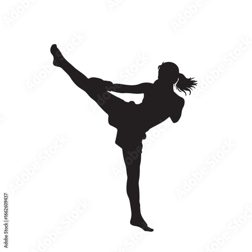 Female Kickboxer High Kick Silhouette – Vector Illustration on White Background