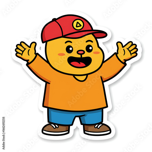A cheerful cartoon animal character wearing a red baseball cap and orange shirt, happily raising its arms in a welcoming gesture.