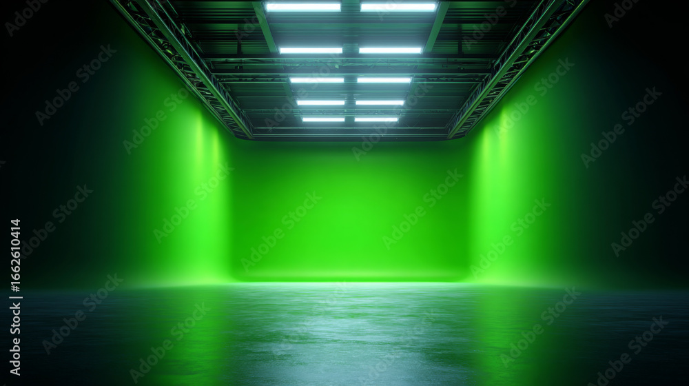 Fototapeta premium Green Screen Studio: A spacious studio with a vibrant green backdrop, ideal for filmmaking, broadcasting, or content creation, bathed in the cool glow of modern lighting.