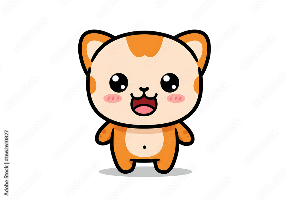 Fototapeta premium Cute cartoon orange tabby cat with big eyes and open mouth, standing pose.