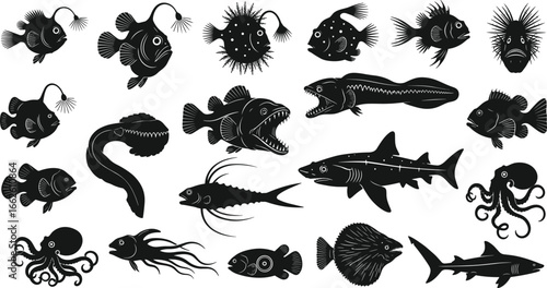 Deep‑sea creature silhouettes, anglerfish pufferfish eel, shark octopus, marine wildlife, ocean species, sea life, vector illustration, aquatic design, nature art, underwater fauna