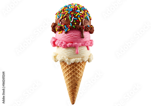 Three scoop ice cream cone with chocolate, strawberry, and vanilla flavors and sprinkles isolated on transparent background