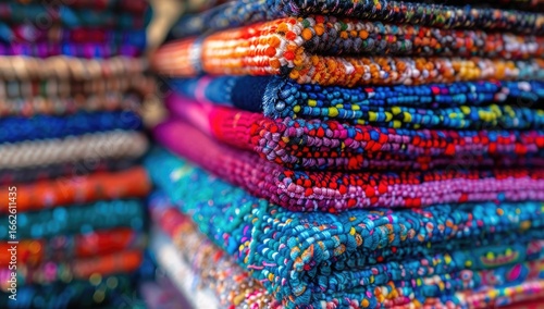 Stacked colorful textiles, vibrant patterns and textures