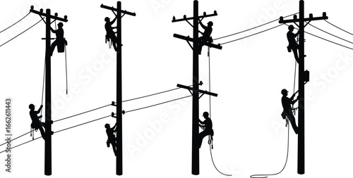 Electric linemen climbing utility poles, performing power line maintenance, wearing safety harnesses, teamwork in electrical repair, outdoor high voltage work, 