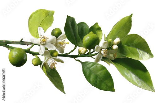 Lemon branch with green leaves, white blossoms, and small unripe lemons.