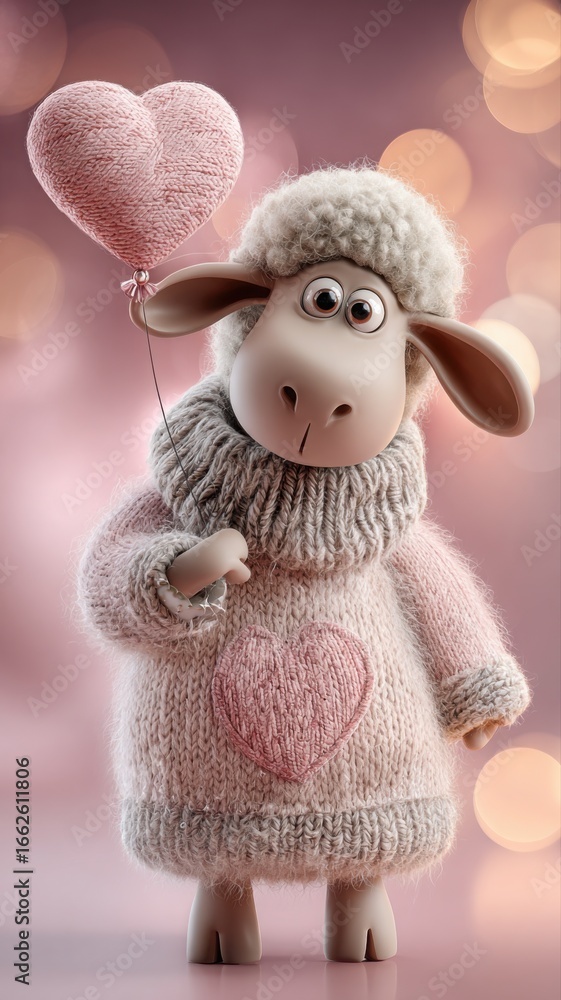 Fototapeta premium Charming sheep in oversized heart sweater on pink backdrop
