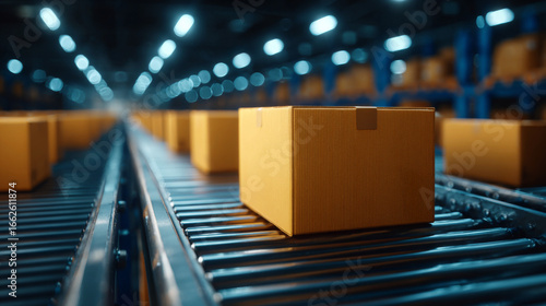 Wallpaper Mural Box Conveyor System: Close-up perspective showcases rows of cardboard boxes gliding along a high-tech conveyor belt within a sprawling warehouse. Torontodigital.ca