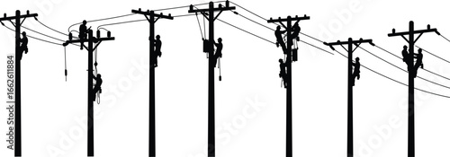 Multiple electrical linemen working on utility poles, climbing and repairing power lines, wearing safety harness, teamwork in high voltage maintenance, outdoor electrical infrastructure service.
