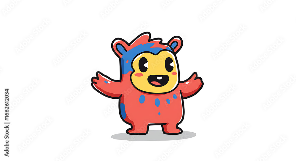 Obraz premium A cheerful cartoon monster in a red and blue costume, with open arms and a happy expression.