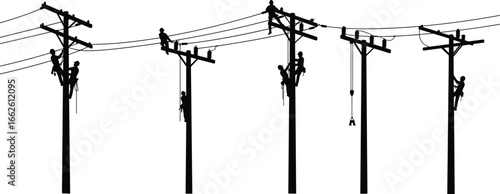 Multiple linemen working on utility poles, climbing and repairing electrical wires, teamwork in high voltage power line maintenance, safety harness, outdoor utility infrastructure service.
