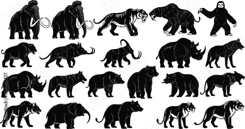Prehistoric and modern animal silhouettes, mammoth saber‑toothed cat bear wolf rhino, megafauna art, vector illustration, wildlife icon, nature design, extinct species, ice age fauna