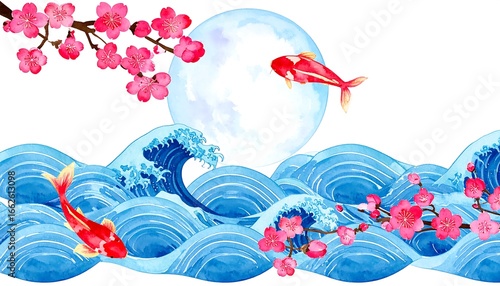 Cherry Blossoms, Koi Fish, Ocean Waves