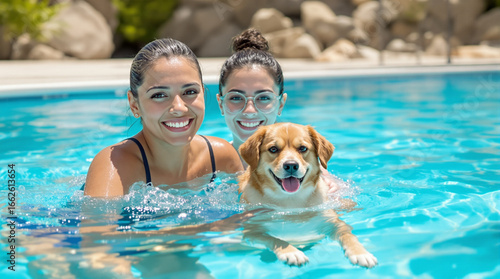 Mujer hispana nadando con su perro en piscina al aire libre