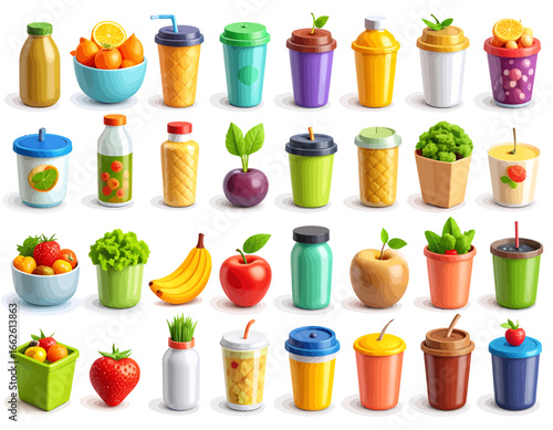Vibrant collection of fresh fruit and vegetable drinks, including smoothies, juices, and healthy snacks, perfect for a wellness lifestyle