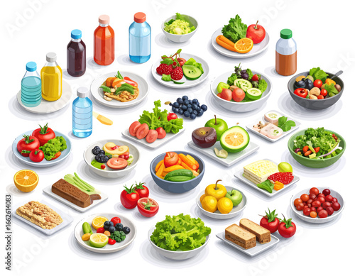 Abundant array of fresh and nutritious ingredients, prepared meals, and healthy beverages for balanced diet planning