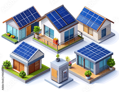 Green Energy Homes A Collection of Modern Residential Buildings Equipped with Solar Power Systems in Isometric Style