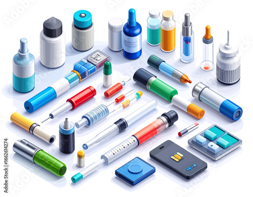 Collection of diverse pharmaceutical products, syringes, and medical bottles arranged for healthcare illustration