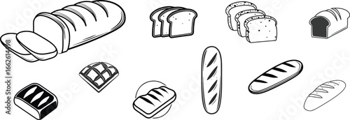 Diverse variety of stylized bread types and loafs depicted in black and white.
