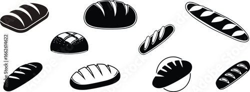 Collection of diverse bread loaves, black and white vector illustration.