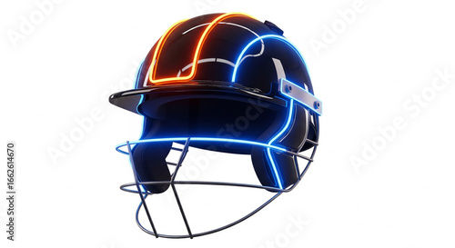 A glossy black cricket helmet with neon orange and blue accents against a white background space
