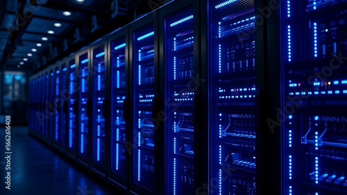 Wallpaper Mural Modern data center server rack glowing blue, representing abstract technology in cool ambient light. Torontodigital.ca