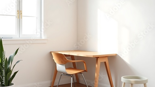 Wallpaper Mural A modern wooden desk with a sleek chair, set against a clean white wall for a minimalist workspace. Torontodigital.ca