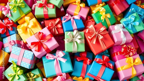 Wallpaper Mural A joyful pile of colorful gift boxes tied with playful ribbons, evoking childhood excitement and wonder. Torontodigital.ca