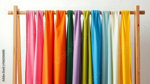 Wallpaper Mural Vibrant fabric in rainbow hues displayed on a wooden rack, showcasing minimalist design under soft lighting. Torontodigital.ca