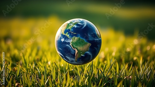 Wallpaper Mural Earth floating above a green field, symbolizing environmental awareness in golden morning light. Torontodigital.ca