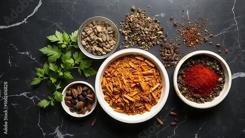 Wallpaper Mural An artistic arrangement of dried herbs and spices in small bowls on a dark marble surface. Torontodigital.ca