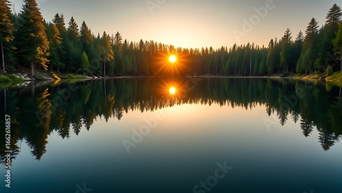 Wallpaper Mural A serene lake mirroring golden sunset and forest, creating a perfectly symmetrical dreamscape. Torontodigital.ca