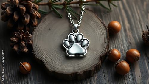 Wallpaper Mural Silver paw print pendant on rustic wood, surrounded by pinecones and acorns in muted natural tones. Torontodigital.ca