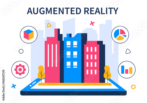 Augmented Reality Vector Illustration featuring Virtual Reality Technology, Gaming, and Education with a Headset and Interactive VR Touch Interface