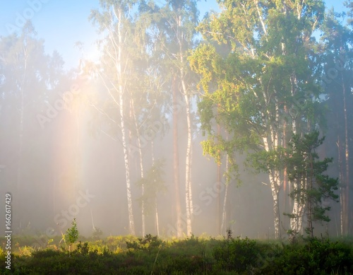 Misty forest sunrise